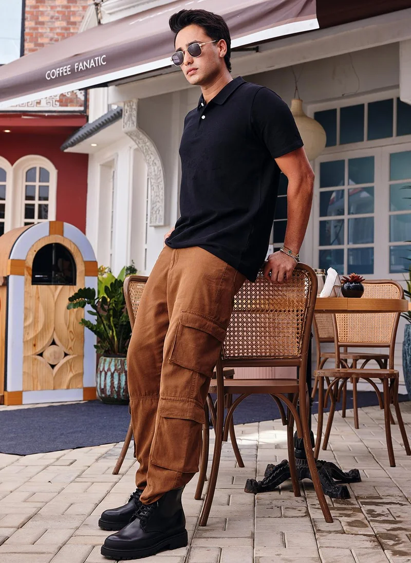 Urbano Fashion Men's Brown Loose Baggy Fit Cargo Chino Pant with 8 Pockets Stretchable